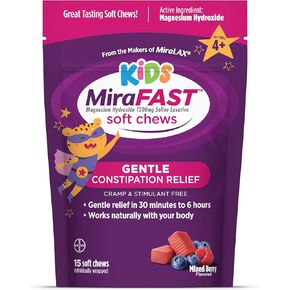 MiraFAST Kids Soft Chews, from The Makers of MiraLAX, Gentle Constipation Relief for Kids 4+ and Adults, Fast Acting Saline Laxative, Stimulant Free Saline Laxative, Mixed Berry Flavor, 15ct in Kuwait