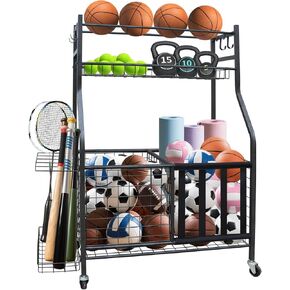 Garage Sports Equipment Organizer, Large Capacity Ball Storage Rack with Wheels, Rolling Cart for Indoor & Outdoor, Black in Saudi Arabia