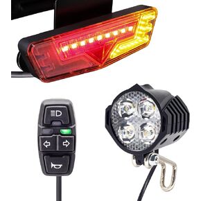 مجموعة إضاءة EBike مع إشارات الانعطاف، المصباح الأمامي 400 لومن، الضوء الخلفي يناسب فتحات الرف 80 مم، مفتاح التحكم في المقود، للدراجة الإلكترونية والسكوتر الكهربائي 12 فولت - 48 فولت in Kuwait