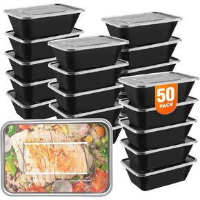 50 عبوة (100 قطعة) حاويات تحضير الوجبات بوزن 25 أونصة، قابلة لإعادة الاستخدام، سهلة الفتح بغطاء، آمنة للطعام، مناسبة لأفران الميكروويف والثلاجات وغسالات الأطباق، وصواني تخزين الطعام البلاستيكية in Kuwait