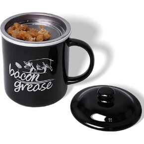 حاوية شحم لحم الخنزير المقدد السيراميكية مع مصفاة، علبة تخزين زيت الطبخ سعة 25 أونصة حافظة شحم للمطبخ، حافظة شحم لحم الخنزير المقدد في المزرعة بمقبض (أسود) in Kuwait