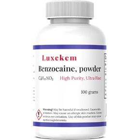مسحوق بنزوكاين 100 جرام - مادة خام عالية النقاء في زجاجة ذات غطاء أمان آمن in Kuwait