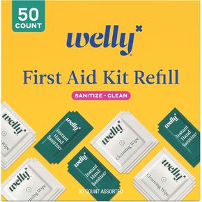 Welly First Aid Kit Refill Carton | Includes Individual Bandages, Cleansing Wipes, Antibiotic Packets, Burn Gel, Hydrocortisone Cream, and Bug Bite Relief Patches | 100 ct in Kuwait