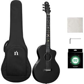 جيتار صوتي من ألياف الكربون من ناتاشا مع بيك اب NSX، جيتار سفر جيتار من الفولاذ مقاس 38 بوصة، جيتار متين رفيع للغاية مكون من 6 أوتار للمبتدئين والمتعلمين المتوسطين والكبار (أسود كوني) in Kuwait