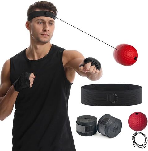 Boxing Reflex Ball, Boxing Training Ball with Adjustable Headband and Hand Wraps Improve Hand Eye Coordination, Punching Speed, Fight Reaction, Fitnes, Boxing Equipment in Saudi Arabia