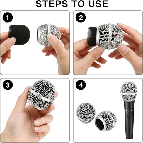 Microphone Head Replace, Grille Ball with Inner Foam, Steel Mesh Replacement Heads for Shure SM58 (4pcs), silver, (QR-119) in Kuwait