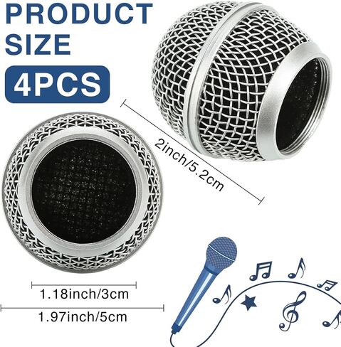 استبدال رأس الميكروفون، كرة شبكية مع رغوة داخلية، رؤوس بديلة شبكية فولاذية لـ Shure SM58 (4 قطع)، فضي، (QR-119) in Saudi Arabia