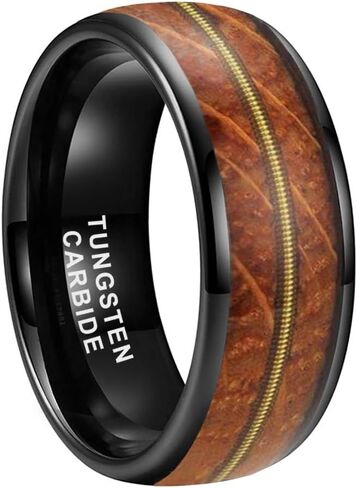 TUTISS 8mm Silver/Black/Gunmetal/Gold Tungsten Rings for Men Women Engagement Wedding Bands Whisky Wood Guitar String Inlay Domed Polished Comfort Fit in Kuwait
