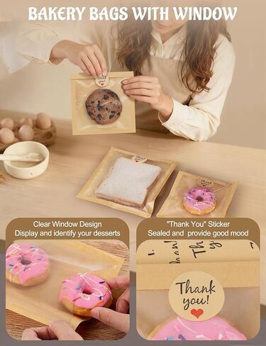 FireKylin 100 Pack Cookie Bags with Heat Sealing, 5.7 x 6.5 Inch Bakery Bags with Window, Grease Resistant Cookie Packing for Treats, Baked Goods, Bagel, Cake Slice, Sandwich (5.7"x6.5"-100pcs) in Kuwait