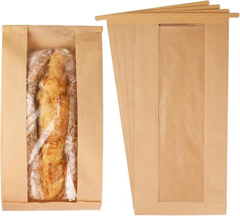 50 عبوة من أكياس الخبز الورقية الطويلة مع عروات للعجين المخمر محلي الصنع، أكياس مخبز قابلة للإغلاق مع نافذة لخبز العجين المخمر البيضاوي والأرغفة والمعجنات والخبز الفرنسي (6.3 × 2.7 × 13.7 بوصة) | مقاومة الشحوم in Kuwait
