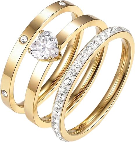 حلقات للنساء ، حلقات الذهب مع قلب زركونيا مكعب الخاتم مويسانيت 3 في 1 مجموعة 18K الذهب حلقات الفولاذ المقاوم للصدأ قابلة للتكديس للنساء 5-10 in Kuwait