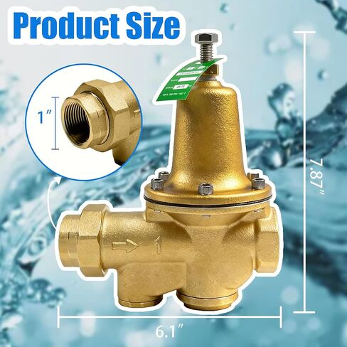 LF25AUB-Z3 1 "صمام تخفيض ضغط المياه، سبائك السيليكون النحاسية الخالية من الرصاص، NPT Female Union x NPT Female Outlet، مقعد بوليمر، ضغط قابل للتعديل 25 إلى 75 رطل لكل بوصة مربعة، الحد الأقصى 300 رطل لكل بوصة مربعة in Kuwait