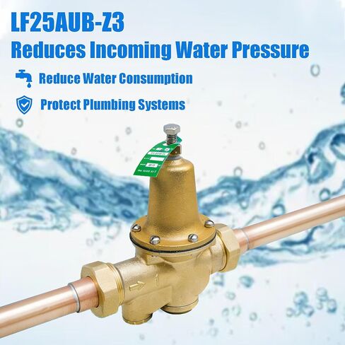 LF25AUB-Z3 1 "صمام تخفيض ضغط المياه، سبائك السيليكون النحاسية الخالية من الرصاص، NPT Female Union x NPT Female Outlet، مقعد بوليمر، ضغط قابل للتعديل 25 إلى 75 رطل لكل بوصة مربعة، الحد الأقصى 300 رطل لكل بوصة مربعة in Kuwait