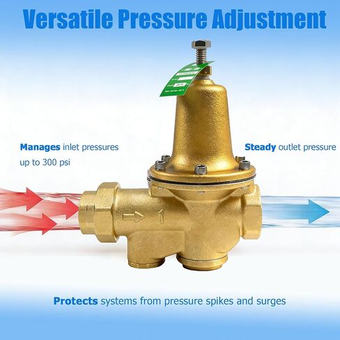 LF25AUB-Z3 1 "صمام تخفيض ضغط المياه، سبائك السيليكون النحاسية الخالية من الرصاص، NPT Female Union x NPT Female Outlet، مقعد بوليمر، ضغط قابل للتعديل 25 إلى 75 رطل لكل بوصة مربعة، الحد الأقصى 300 رطل لكل بوصة مربعة in Kuwait