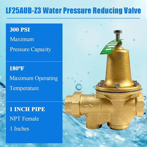 LF25AUB-Z3 1 "صمام تخفيض ضغط المياه، سبائك السيليكون النحاسية الخالية من الرصاص، NPT Female Union x NPT Female Outlet، مقعد بوليمر، ضغط قابل للتعديل 25 إلى 75 رطل لكل بوصة مربعة، الحد الأقصى 300 رطل لكل بوصة مربعة in Kuwait