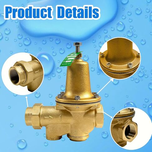 LF25AUB-Z3 1 "صمام تخفيض ضغط المياه، سبائك السيليكون النحاسية الخالية من الرصاص، NPT Female Union x NPT Female Outlet، مقعد بوليمر، ضغط قابل للتعديل 25 إلى 75 رطل لكل بوصة مربعة، الحد الأقصى 300 رطل لكل بوصة مربعة in Kuwait