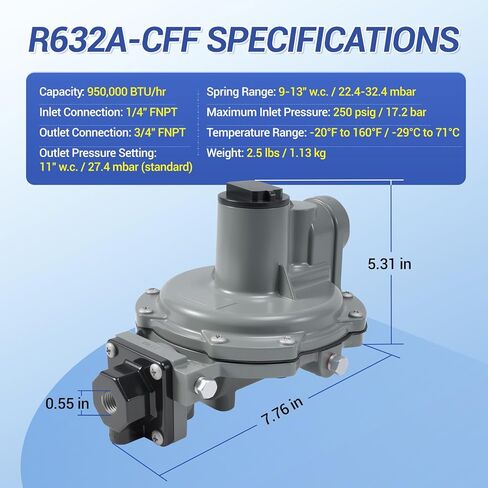 معدات غاز LP R632A-CFF منظم مرحلتين متكامل، زنبرك مرحاض 9-13 بوصة، 1/4 بوصة × 3/4 بوصة NPT، أقصى ضغط مدخل مسموح به 250 رطل لكل بوصة مربعة، نطاقات ضغط المخرج 9 إلى 13 بوصة مرحاض / 22 إلى 32 ملي بار in Kuwait