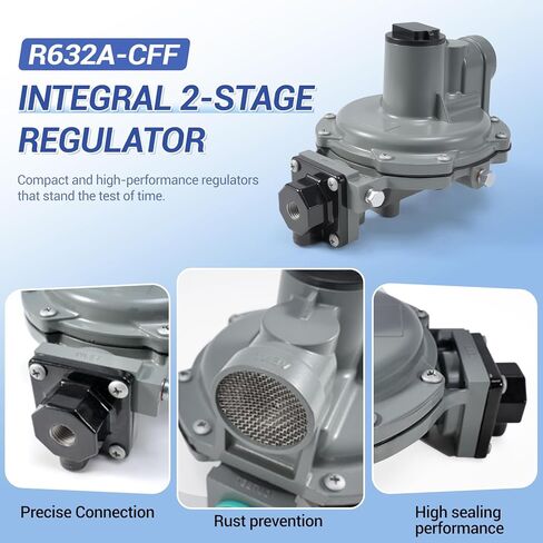 معدات غاز LP R632A-CFF منظم مرحلتين متكامل، زنبرك مرحاض 9-13 بوصة، 1/4 بوصة × 3/4 بوصة NPT، أقصى ضغط مدخل مسموح به 250 رطل لكل بوصة مربعة، نطاقات ضغط المخرج 9 إلى 13 بوصة مرحاض / 22 إلى 32 ملي بار in Kuwait