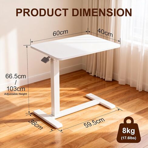 طاولة فوق السرير مع عجلات تعمل بالهواء المضغوط لسرير المستشفى وطاولة كمبيوتر محمول محمولة للاستخدام المنزلي وتعديل الارتفاع من 26.18 بوصة إلى 40.55 بوصة، باللون الأبيض in Kuwait