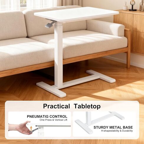 طاولة فوق السرير مع عجلات تعمل بالهواء المضغوط لسرير المستشفى وطاولة كمبيوتر محمول محمولة للاستخدام المنزلي وتعديل الارتفاع من 26.18 بوصة إلى 40.55 بوصة، باللون الأبيض in Kuwait