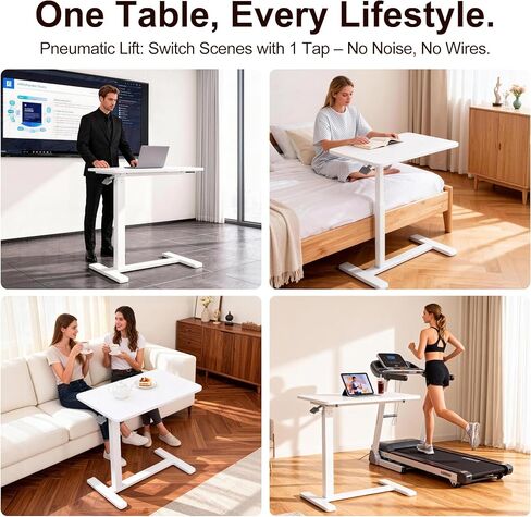 طاولة فوق السرير مع عجلات تعمل بالهواء المضغوط لسرير المستشفى وطاولة كمبيوتر محمول محمولة للاستخدام المنزلي وتعديل الارتفاع من 26.18 بوصة إلى 40.55 بوصة، باللون الأبيض in Kuwait