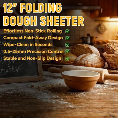 12" Folding Dough Sheeter with 23.6" x 11.8" Sheeter Board, Manual Dough Roller Machine with 0-25mm Adjustable Thickness Settings Stainless Steel for Pizza Croissants Pastry and Crust in Saudi Arabia