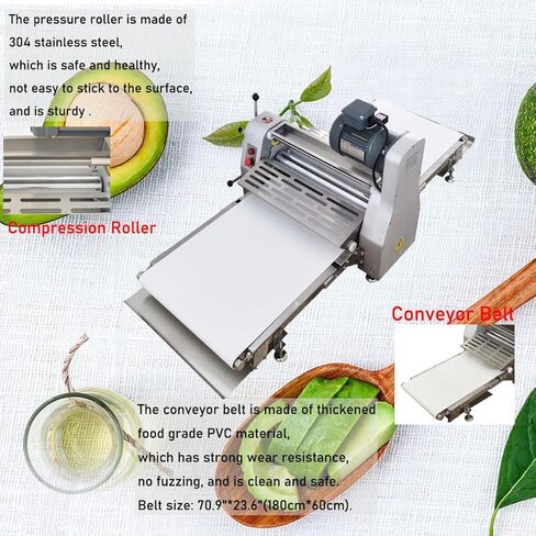 ماكينة فرد العجين التجارية، ماكينة ضغط العجين الأسطوانية ذات الوجهين، ماكينة صنع المعجنات الدنماركية التجارية، فطائر البيض، البيتزا، حجم الحزام: 70.9 بوصة * 23.6 بوصة، 110 فولت in Kuwait