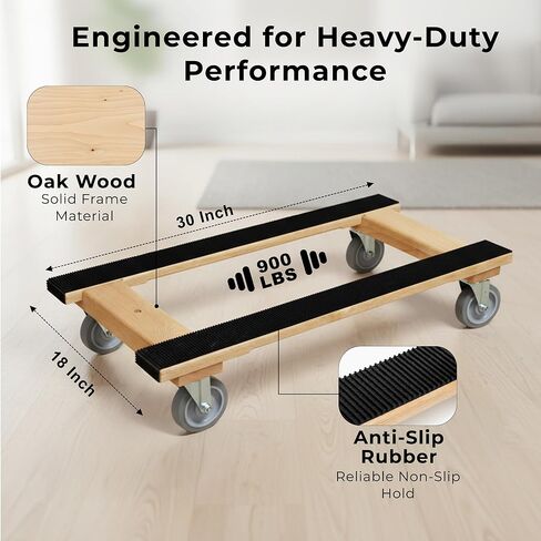 Furniture Dolly 4 Wheel Heavy Duty | Flat Moving Dolly H Frame Oak | Full Length Rubber Tread Dual Rail | 18x30 in Saudi Arabia