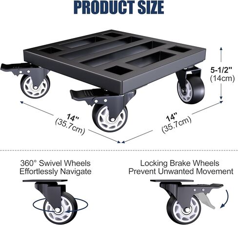 دوللي للأثاث المعدني، 14 بوصة × 14 بوصة، دوللي متحركة شديدة التحمل مع عجلات قفل، قاعدة متنقلة مدمجة بسعة 800 رطل للمكتب المنزلي، ورشة العمل، المرآب، أسود in Kuwait