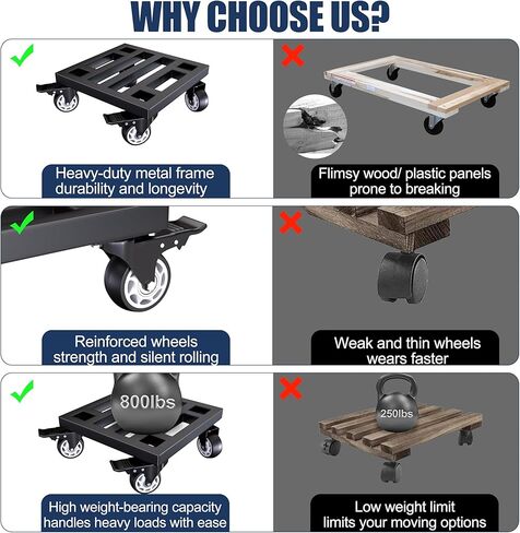 دوللي للأثاث المعدني، 14 بوصة × 14 بوصة، دوللي متحركة شديدة التحمل مع عجلات قفل، قاعدة متنقلة مدمجة بسعة 800 رطل للمكتب المنزلي، ورشة العمل، المرآب، أسود in Kuwait