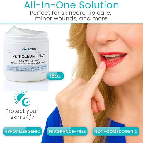 Vivecare Petroleum Jelly 15oz - 100% Pure White Petrolatum Skin Protectant - Moisturizer for Dry, Cracked Skin, Lips & Baby Care - Hypoallergenic Healing Balm for Cuts, Burns & Chafed Skin (15oz) in Kuwait