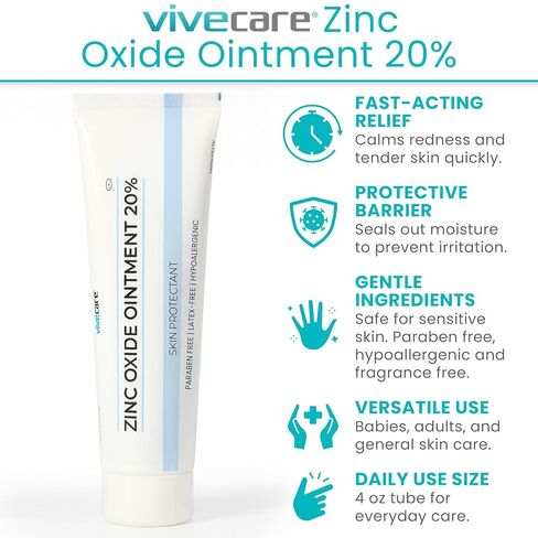 Vivecare Zinc Oxide Ointment 20% - Skin Protectant & Diaper Rash Cream - Moisture Barrier for Irritated Skin, Chafing & Wound Healing (4 Ounce) in Kuwait