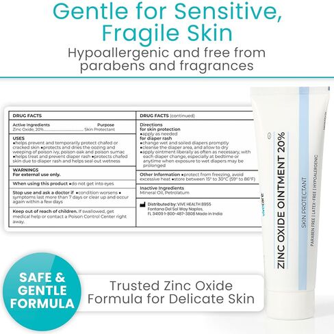 Vivecare Zinc Oxide Ointment 20% - Skin Protectant & Diaper Rash Cream - Moisture Barrier for Irritated Skin, Chafing & Wound Healing (4 Ounce) in Kuwait