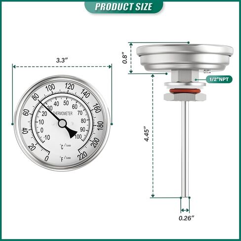 1/2" NPT Bimetal Thermometer, 0-220°F/-10-100°C, 3.2" Dial Size, 4.4" Stainless Steel Stem, Back Mount, Accuracy 2%, for Water, Oil, Steam, Boilers, Pipes in Kuwait