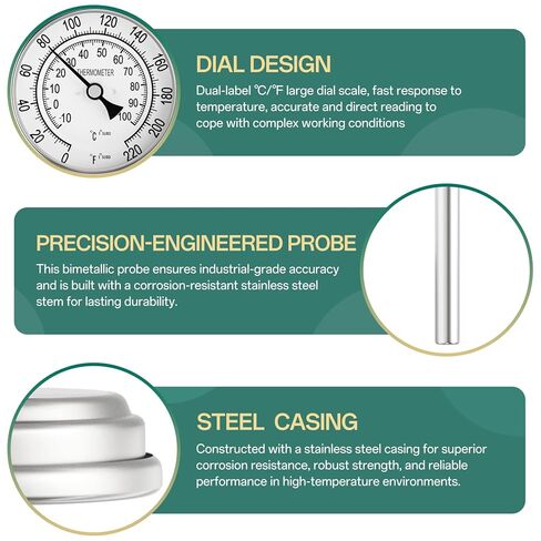 1/2" NPT Bimetal Thermometer, 0-220°F/-10-100°C, 3.2" Dial Size, 4.4" Stainless Steel Stem, Back Mount, Accuracy 2%, for Water, Oil, Steam, Boilers, Pipes in Kuwait