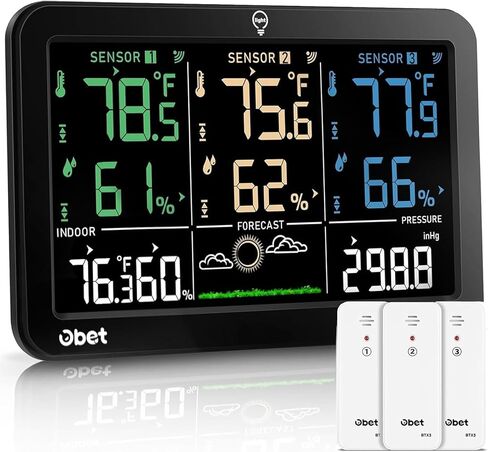 OBET محطة الطقس اللاسلكية في الأماكن المغلقة في الهواء الطلق ميزان الحرارة اللاسلكي، شاشة عرض ملونة لدرجة الحرارة والرطوبة الرقمية مع 3 أجهزة استشعار، تنبيهات، إضاءة خلفية قابلة للتعديل، منفذ USB (500 قدم) in Saudi Arabia
