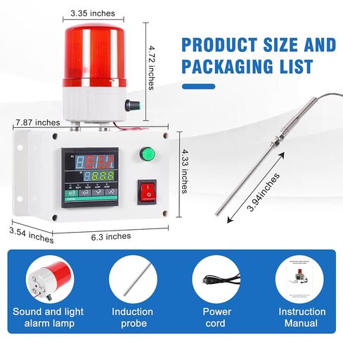 JIAWANSHUN High Precision Industrial Temperature Alarm, -326.2°F-1202°F ±0.18°F, Dual Limit Alarm with Self-Calibration, Audio Visual Alert for Hatchery, Greenhouse, Farm & Fish Pond in Saudi Arabia