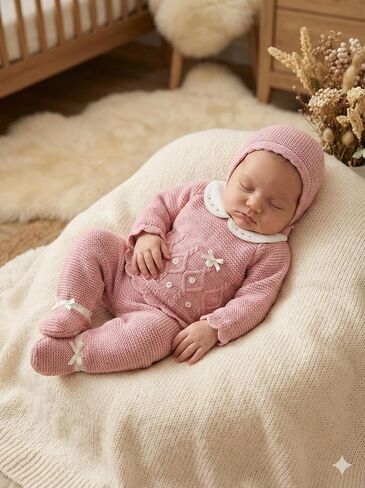 طفلة من 3 قطع السترة المحبوكة ، والسراويل القدمين ، ومجموعة القبعات - مصنوعة في إسبانيا in Kuwait