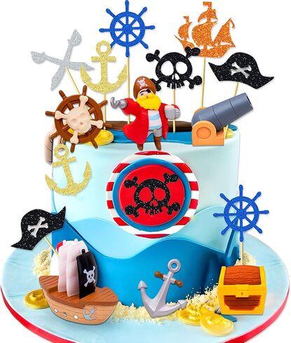 Pirate Ship Cake Topper Nautical Sailboat Model Decoration Set Gold Coins and Pirate Gems Pirate Treasure Chest Compass for Kids Pirate Birthday Party Supplies pirate cake decoration in Kuwait