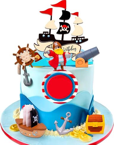 Pirate Ship Cake Topper Nautical Sailboat Model Decoration Set Gold Coins and Pirate Gems Pirate Treasure Chest Compass for Kids Pirate Birthday Party Supplies pirate cake decoration in Kuwait