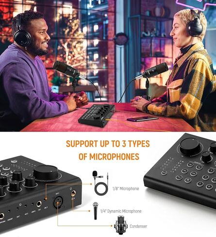 Synido Podcast Equipment Sound Card, Audio Interface Mixer with Pro-preamp, 48V Phantom, 9 Customize Sound Pads, XLR, 1/4", 1/8" Inputs for Live Streaming/Music Recording/Gaming/PC/Guitar, Black in Kuwait