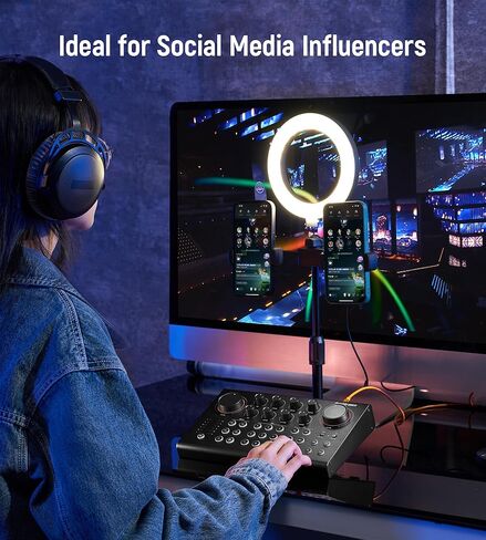 Synido Podcast Equipment Sound Card, Audio Interface Mixer with Pro-preamp, 48V Phantom, 9 Customize Sound Pads, XLR, 1/4", 1/8" Inputs for Live Streaming/Music Recording/Gaming/PC/Guitar, Black in Kuwait