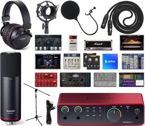 Focusrite Scarlett 2i2 4th Gen USB-C Audio Interface Recording Bundle with CM25 MkIII Condenser Mic, SH-450 Headphones, Pop Filter, Shock Mount, Stand, XLR Cable & Software Pack in Kuwait