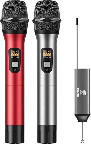 TONOR Wireless Microphones, 60 m/200ft UHF Dual Cordless Metal Dynamic Mic System with Receiver, Microfonos Inalambricos Professional for Karaoke Singing, Wedding, Party, Speech, Church, TW630 Silver in Saudi Arabia