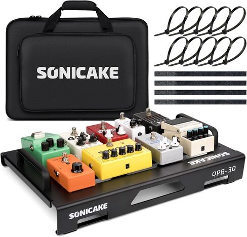 SONICAKE Small Guitar Pedal Board, 14" Guitar Effects Compact Aluminum Alloy Mini Pedalboard with Pedals Mountain Tape, Cable Tie & Patch Cables, Black 14.2"x 5.7"x 2"/1.1" (S Pedal) in Saudi Arabia