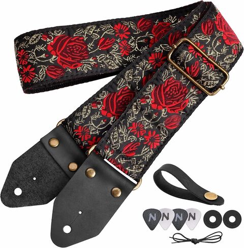 Nefelibata Guitar Strap,Jacquard Embroidery Cotton Guitar Straps with Crazy Horse Leather Ends for Bass, Electric & Acoustic, Best Gifts for Kids, Guitarists(Golden flower embroidery) in Saudi Arabia