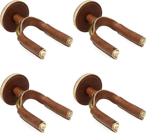 Levy's Premium Wall-Mount Guitar Hanger 4-Pack - Durable Brass & Brown Leather Finish, Secure Steel Yoke for All Guitars in Kuwait
