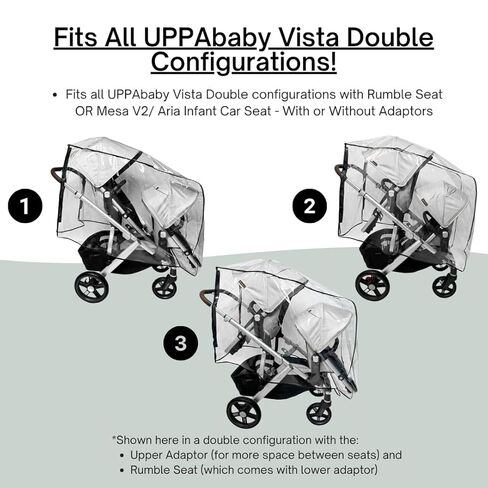 SASHA'S Rain and Wind Cover Made for UPPAbaby Vista V2, V3 Double Stroller System w/RumbleSeat Clear, Ventilation Holes, Maximum Coverage Made in USA (Stroller not Included) in Kuwait