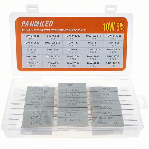 PANMILED 25 قيمة 50 قطعة مجموعة مقاومات الأسمنت 10 وات ± 5% مقاومات طاقة سيراميك 10 وات (0.05 أوم - 100 أوم) in Kuwait