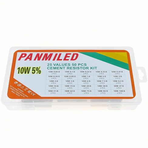 PANMILED 25 قيمة 50 قطعة مجموعة مقاومات الأسمنت 10 وات ± 5% مقاومات طاقة سيراميك 10 وات (0.05 أوم - 100 أوم) in Kuwait